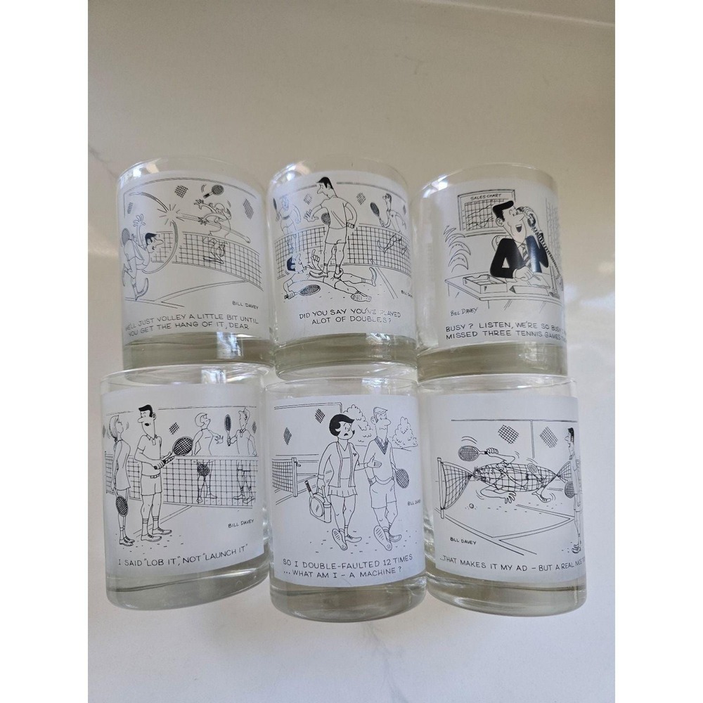 Vintage Bill Davey Cartoon Tennis Cocktail Glasses Set Of Six